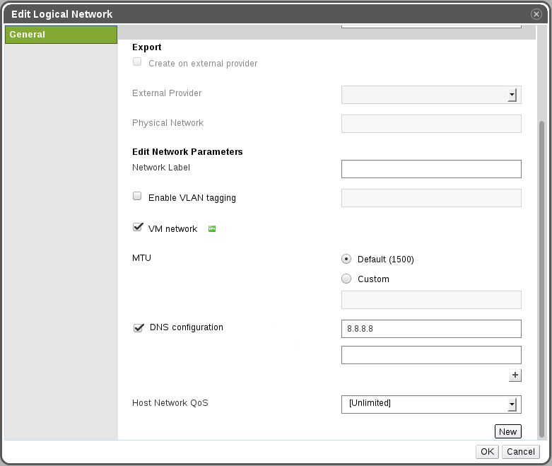 Edit Logical Network Dialog with DNS Configuration