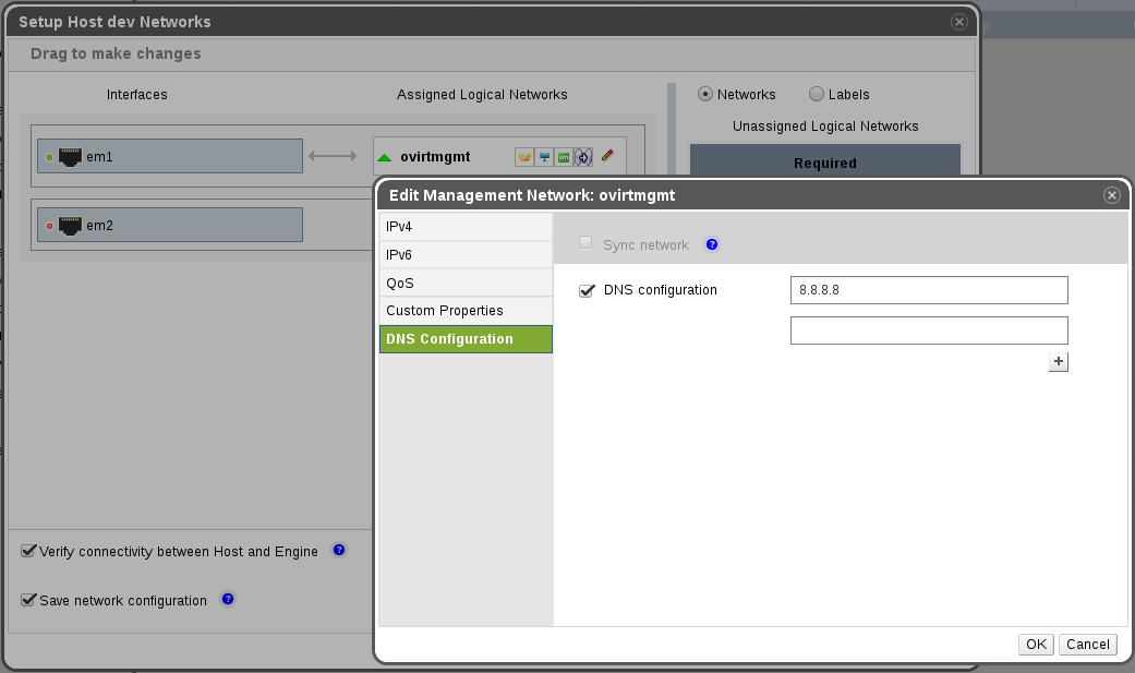 Editing Network Attachment Dialog with DNS configuration