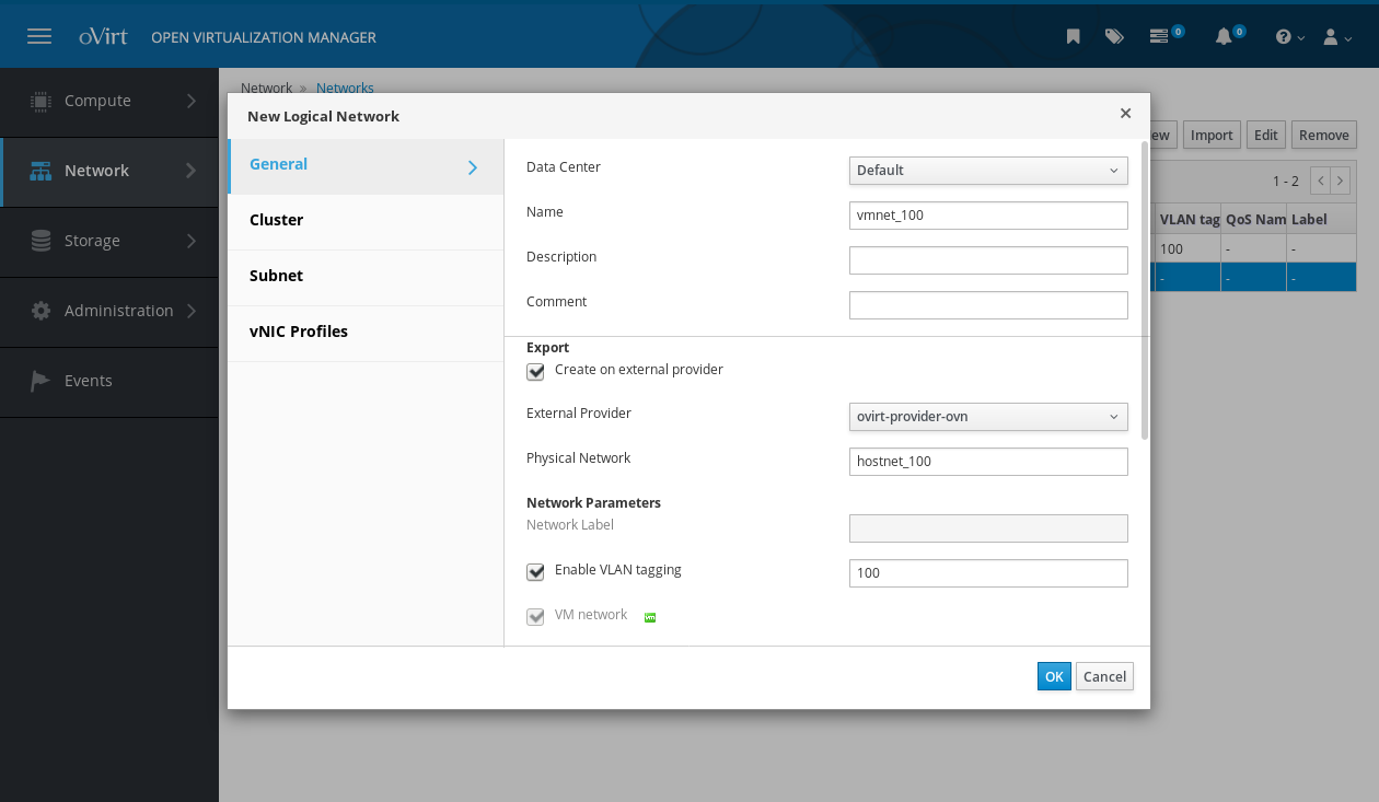 add an external network connected to a physical network Engine dialog