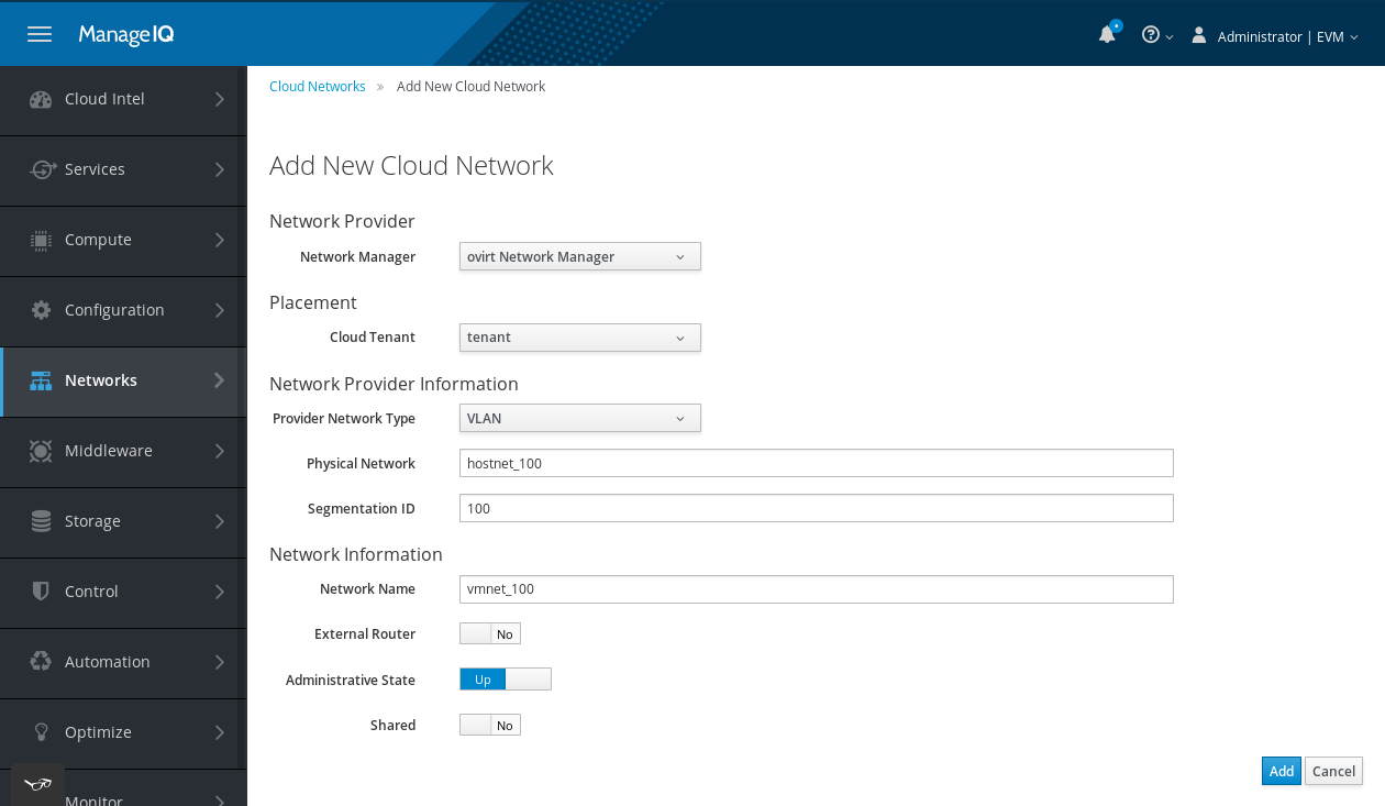 add an external network connected to a physical network ManageIQ dialog