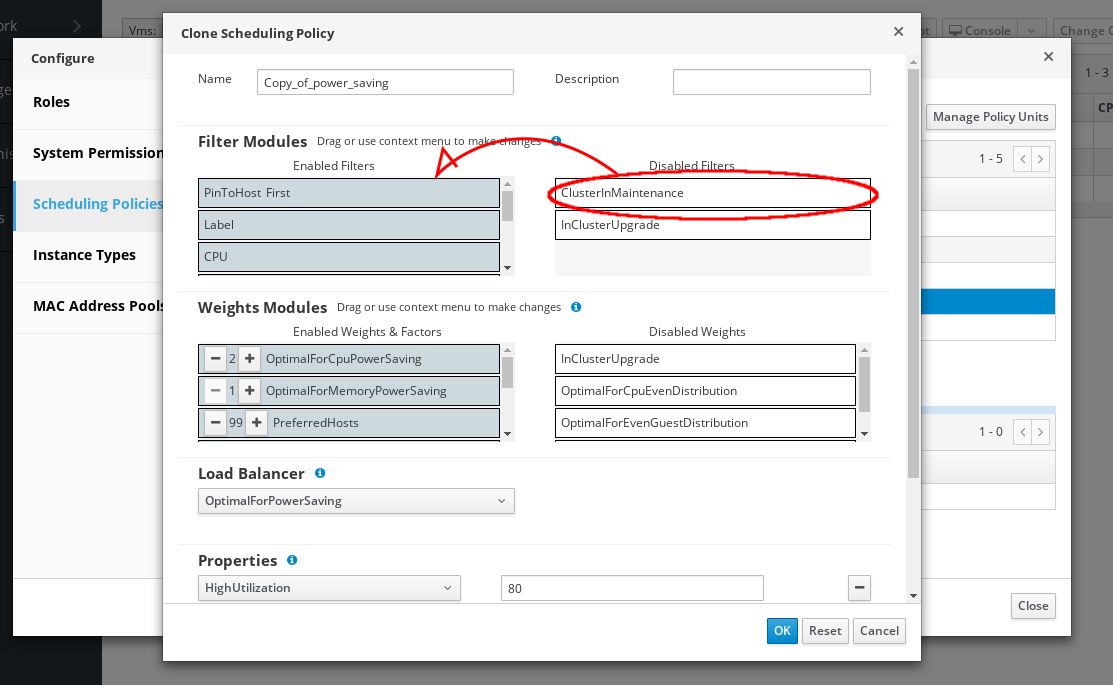 Scheduling policy edit dialog showing how to enable ClusterInMaintenance unit