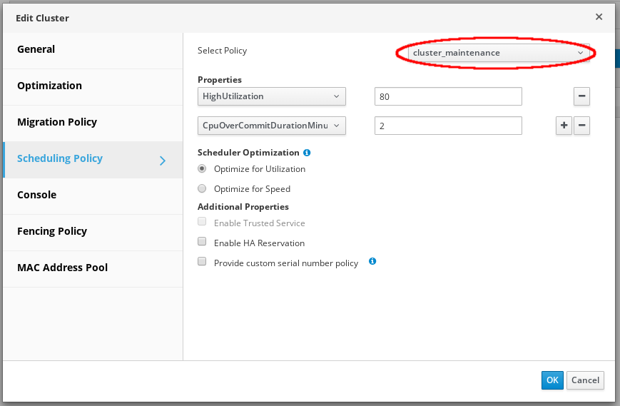 Edit cluster dialog showing how to enable maintenance